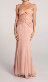 ALYSSA PINK HOLLOW BANDAGE STRAPLESS TULLE MAXI DRESS