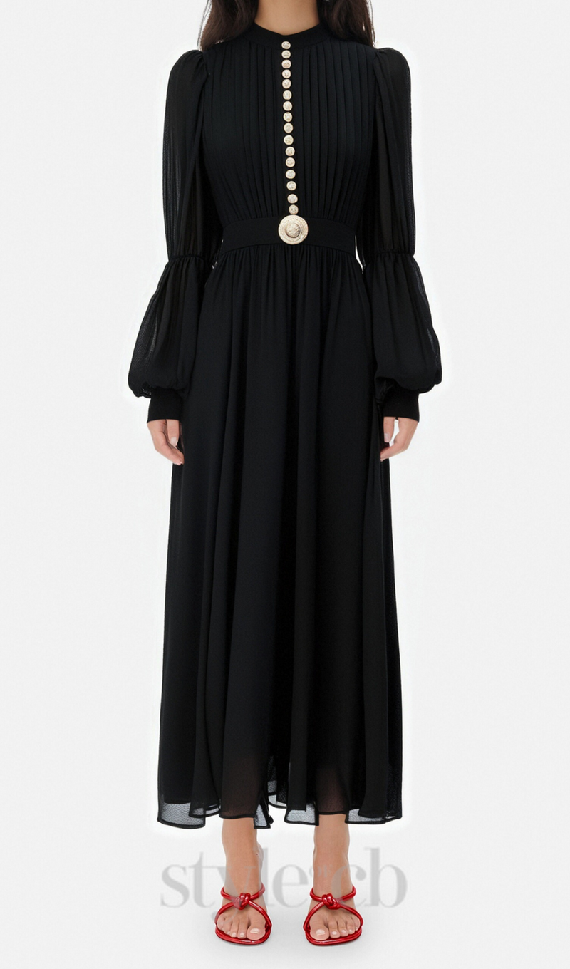 Lantern sleeve silk midi dress in black