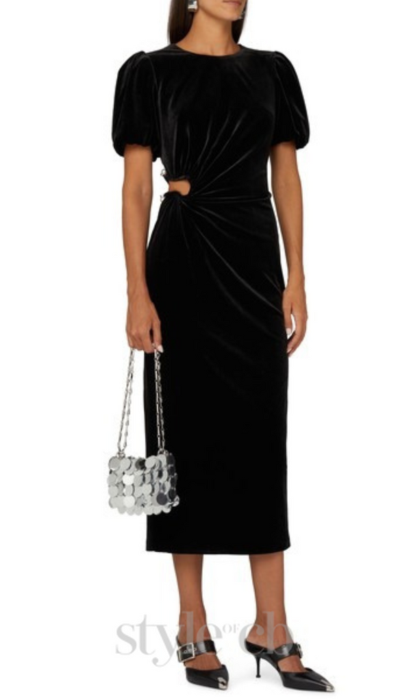 pleated velvet cut-out midi dress in black