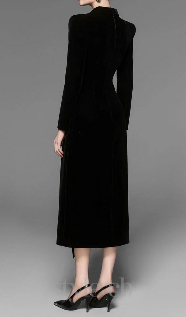 Caloria Asymmetric Notch Lapel Velvet Midi Dress