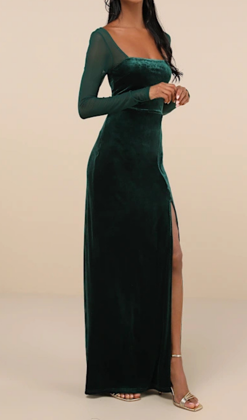 certifiably emerald velvet mesh long sleeve maxi dress