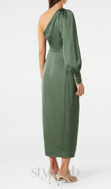 one-shoulder Long Sleeve Midi Dress in green