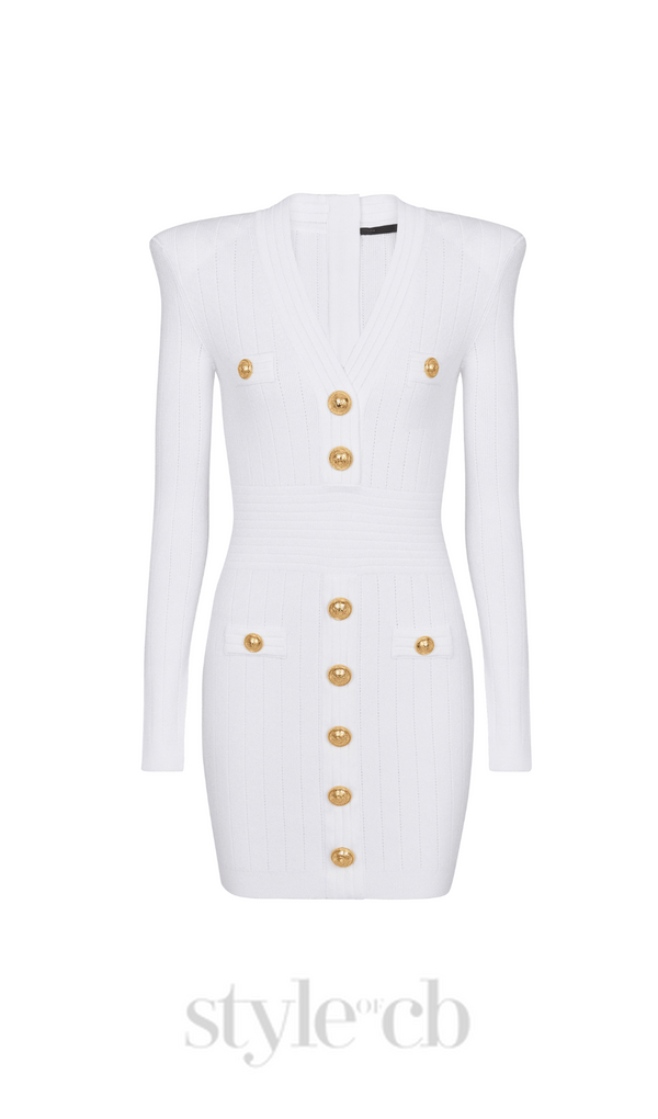 TARA WHITE SHORT KNITTED MINI DRESS WITH GOLD BUTTONS