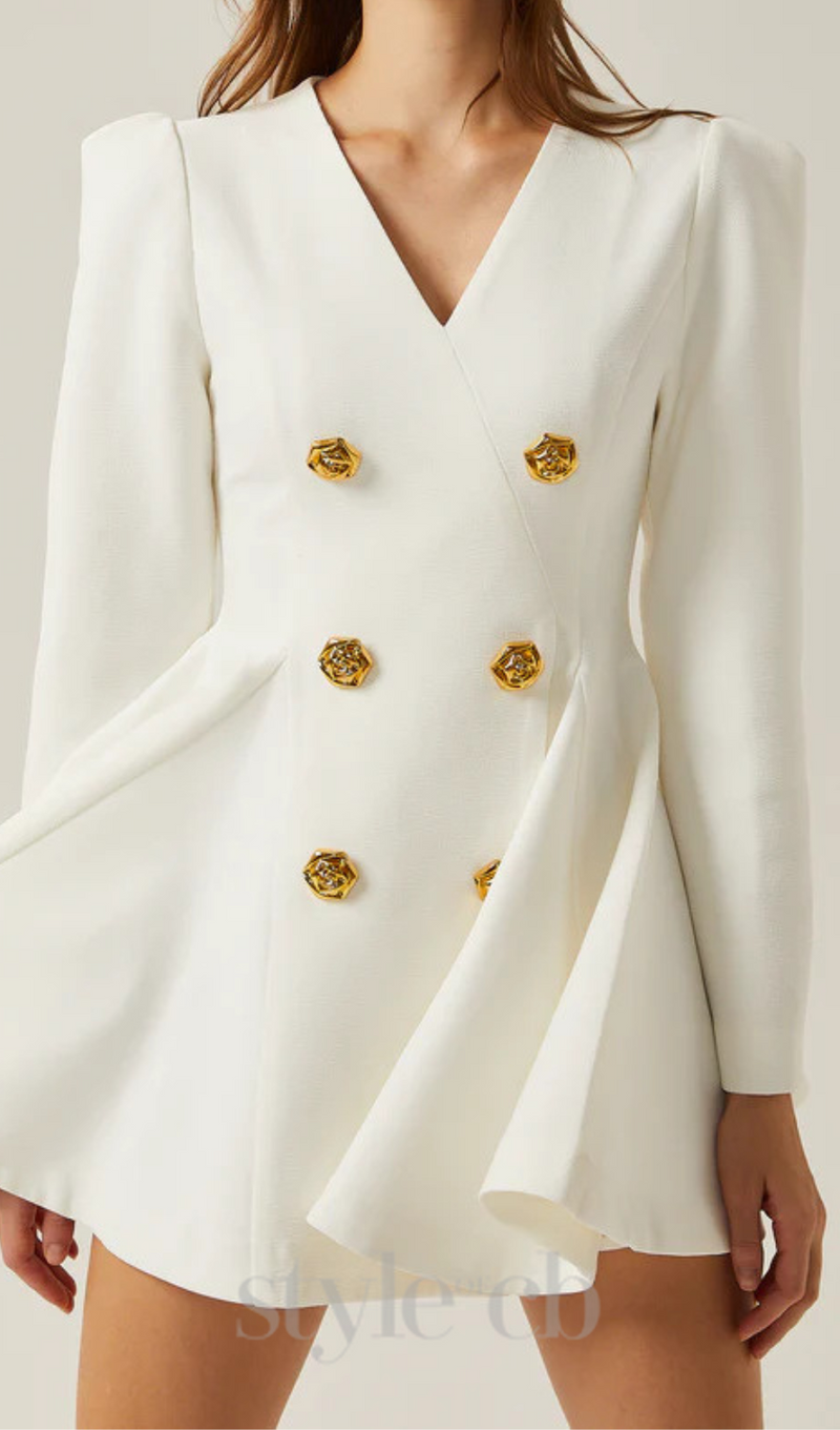 gold-button pleated peplum-hem white  blazer dress