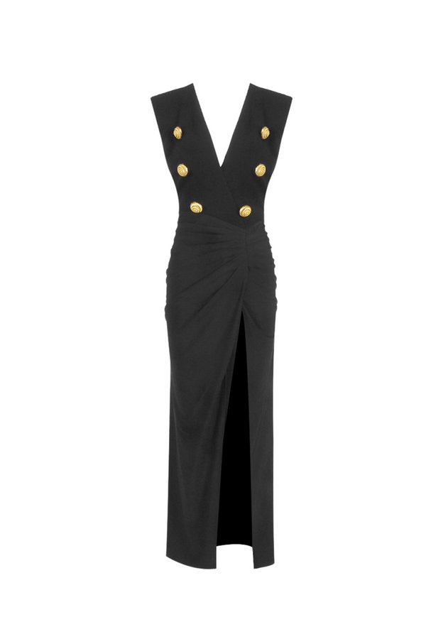 Deep-V Sleeveless Ruched Slit Maxi Dress in black