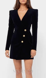 HEDDA BLACK VELVET V-NECK METAL BUTTON MINI DRESS