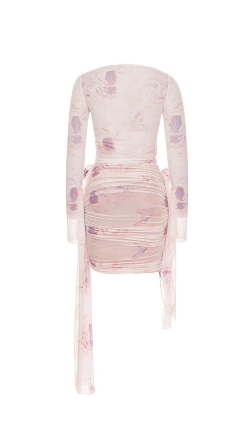 PINK FLARED LONG-SLEEVED PRINTED FLORAL MINI DRESS