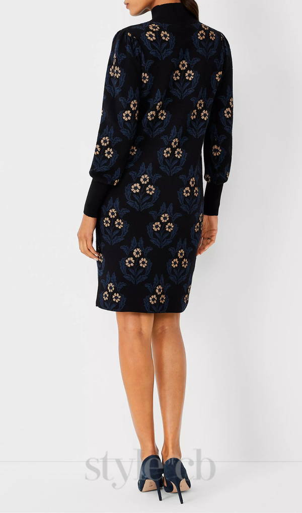 petite floral mock neck sweater dress in black