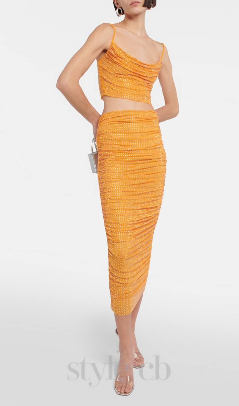 HEDWIG CRYSTAL-EMBELLISHED ORANGE CROP TOP SKIRT SUIT