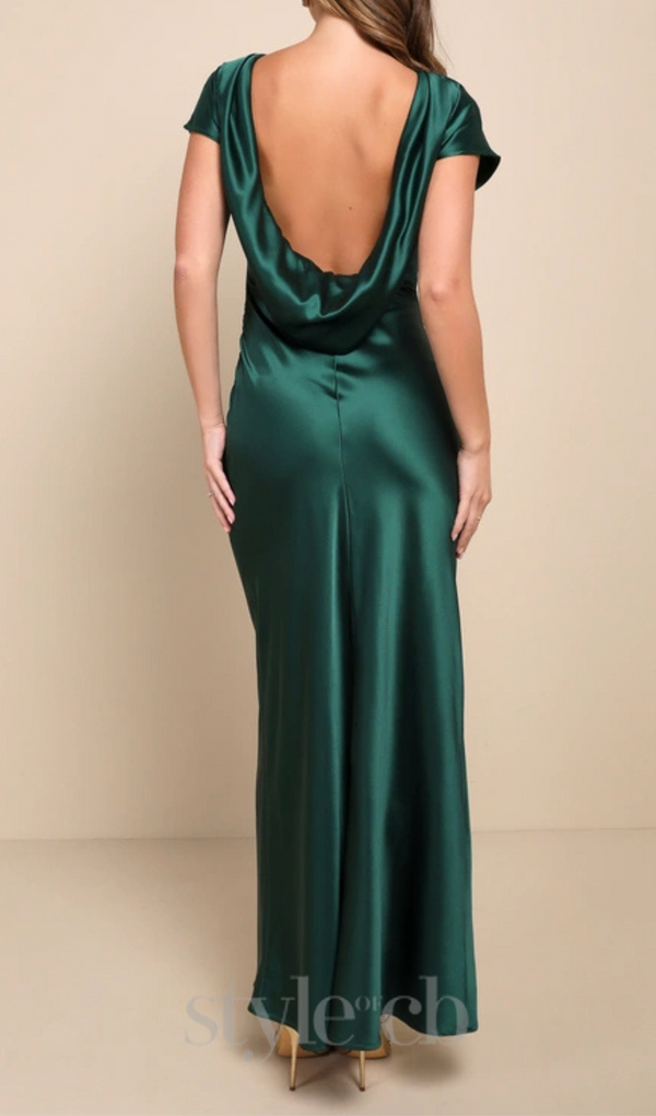 satin cowl back maxi dress in forest green