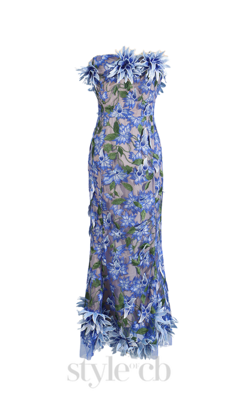 3D flower embroidery strapless midi dress in blue