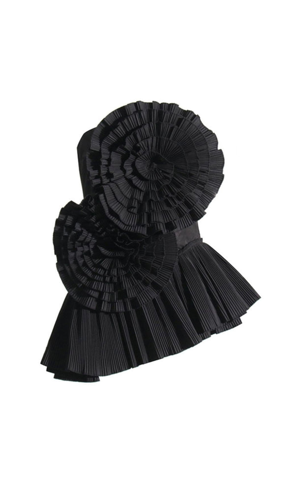 STRAPLESS FLOWER PLEATED TOP IN BLACK