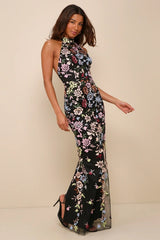 3D Floral Embroidered Halter Maxi Dress in black