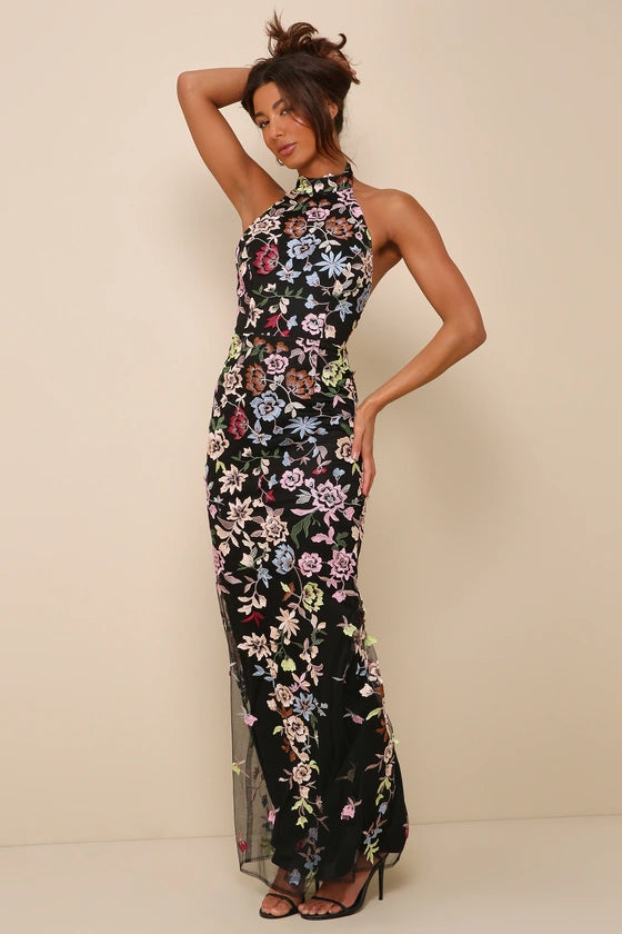 3D Floral Embroidered Halter Maxi Dress in black