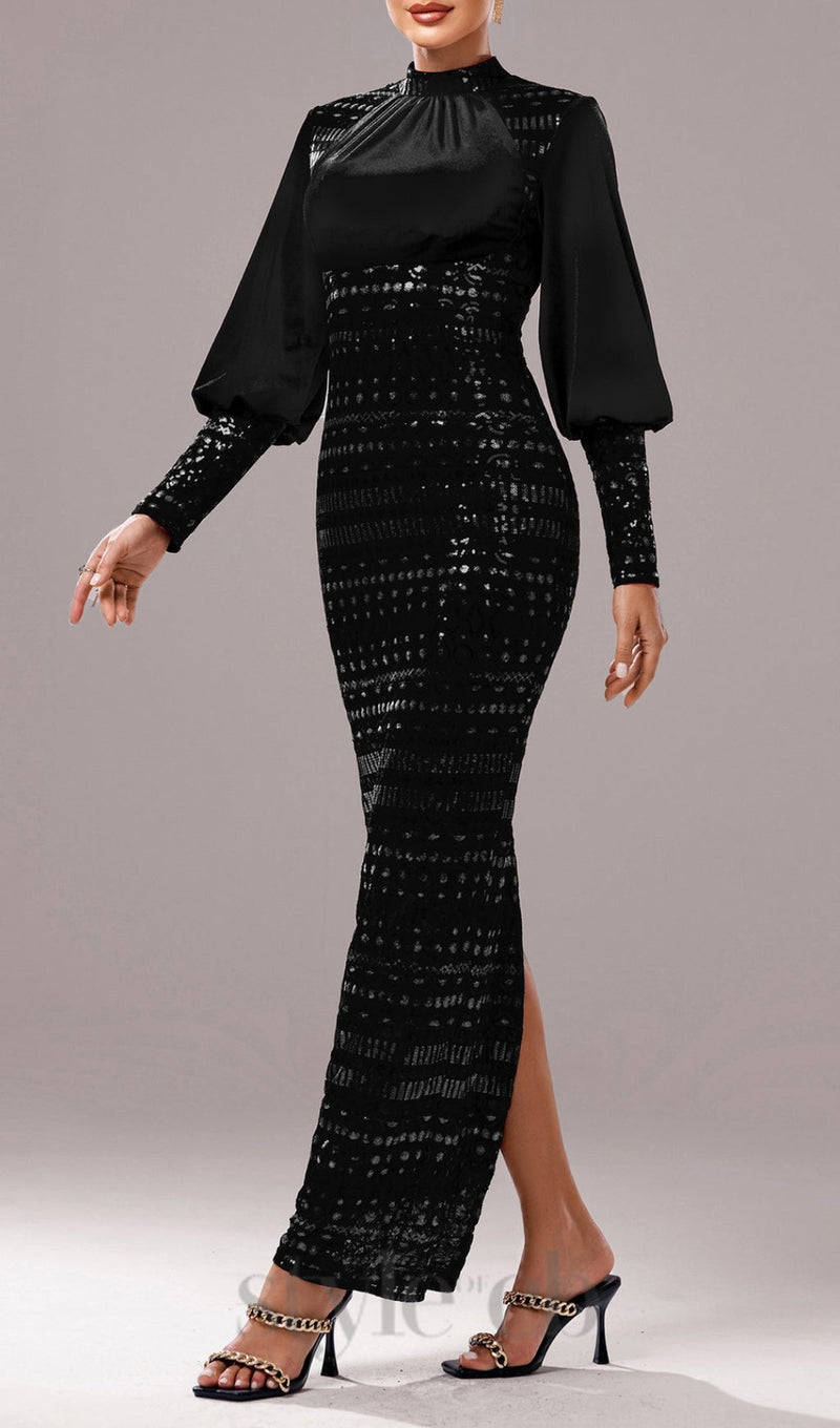 sequin long sleeve maxi dress in black