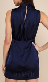 Navy Satin Sleeveless Mock Neck Mini Dress