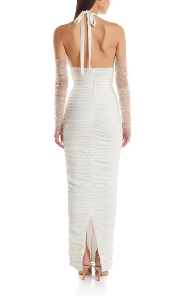WHITE 3D FLORAL CIRCLE NECK BANDAGE MAXI DRESS
