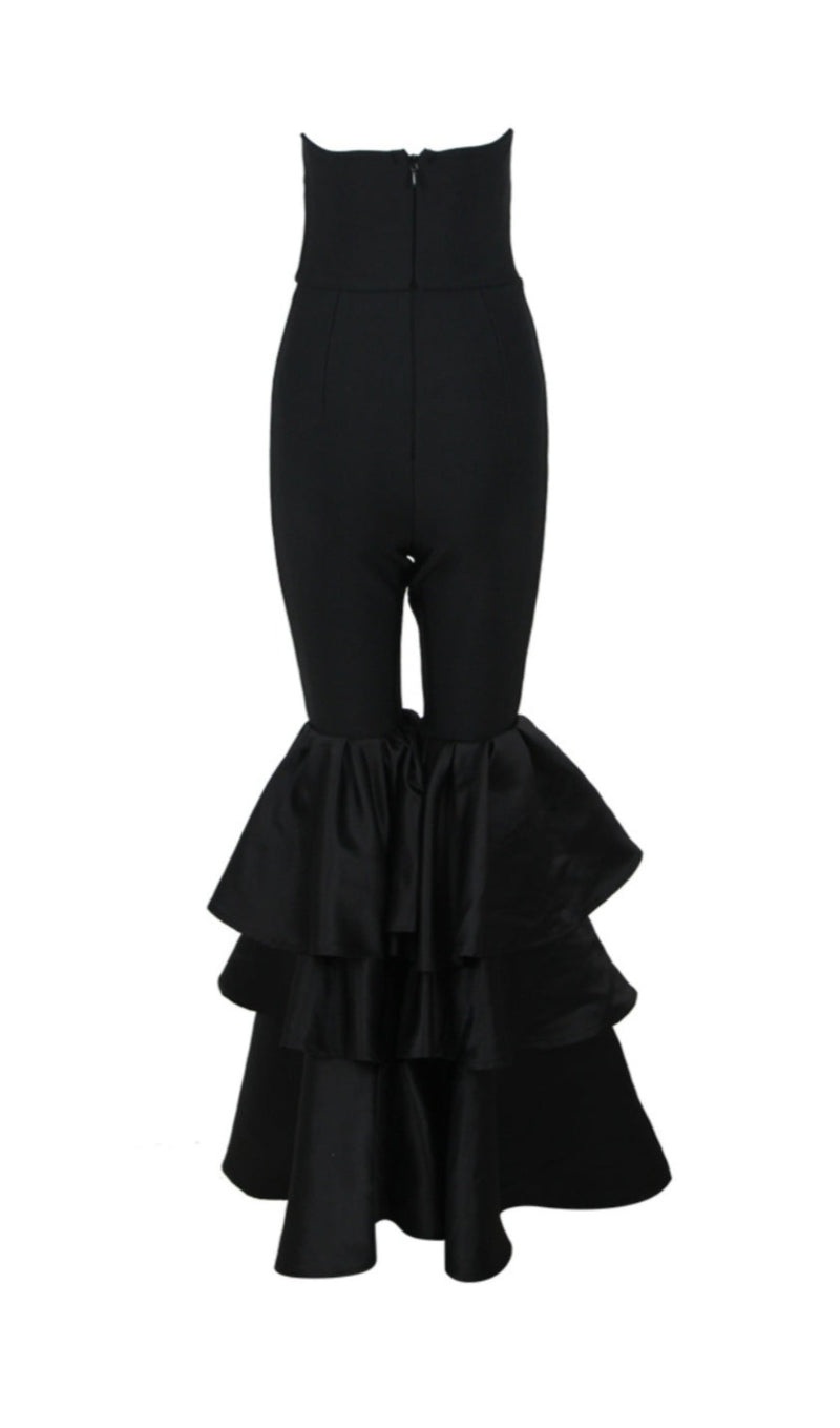 BLACK STRAPLESS JUMPSUIT WITH TIERED RUFFLE HEM