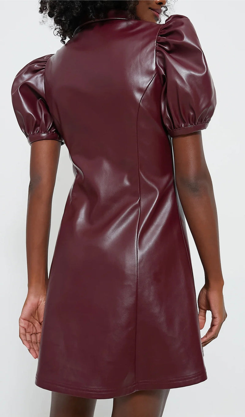 BURGUNDY FRONT ZIP FAUX LEATHER MINI DRESS