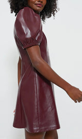 BURGUNDY FRONT ZIP FAUX LEATHER MINI DRESS