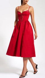 RED LACE TRIM MIDI DRESS