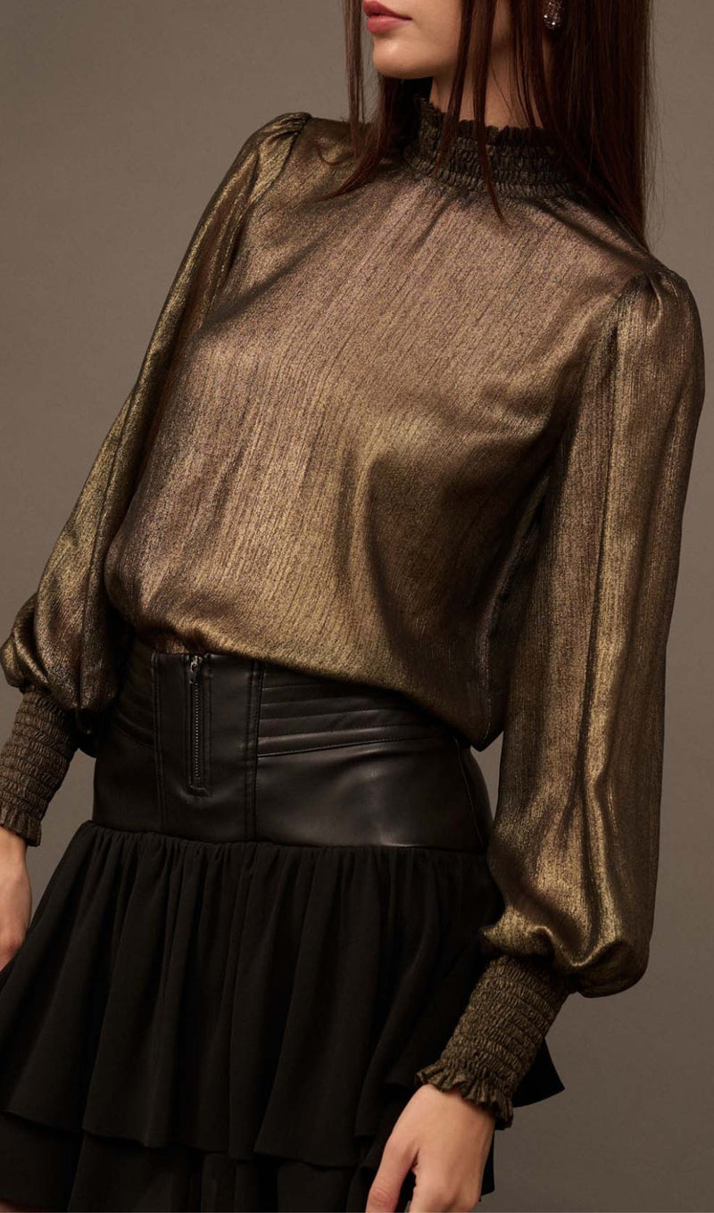 GOLDEN AGE METALLIC BISHOP-SLEEVE MOCK NECK TOP