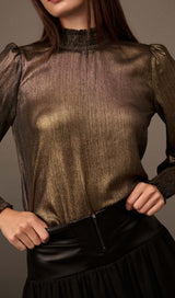 GOLDEN AGE METALLIC BISHOP-SLEEVE MOCK NECK TOP