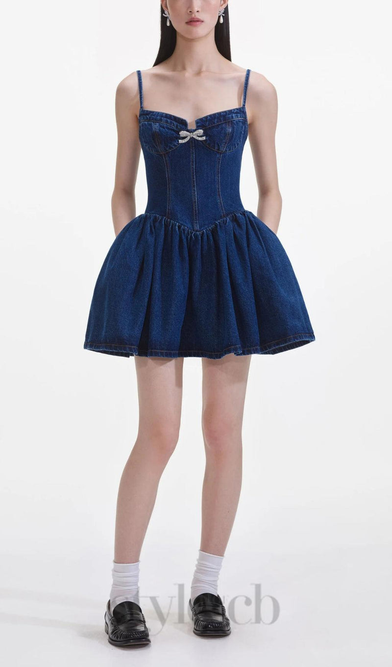 Denim Diamante Bow Sweetheart Mini Dress