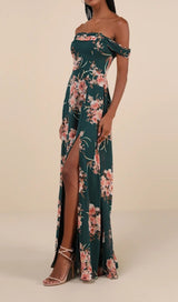 Emerald Green Floral Off-the-Shoulder Maxi Dress