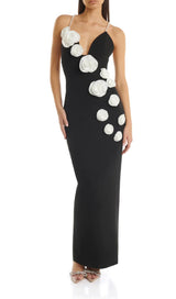 3D FLORAL PEARL SUSPENDER MIDI DRESS IN BLACK