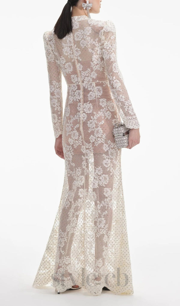 WHITE RHINESTONE LACE MAXI DRESS