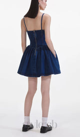 Denim Diamante Bow Sweetheart Mini Dress