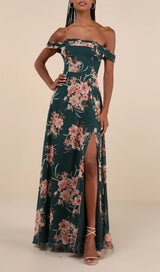 Emerald Green Floral Off-the-Shoulder Maxi Dress