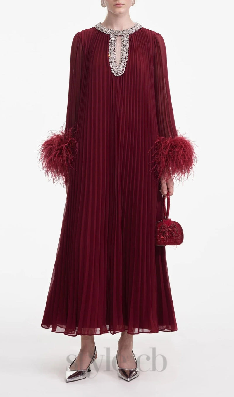 BURGUNDY CHIFFON FEATHER MIDI DRESS