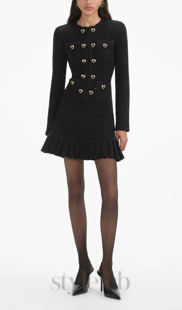 BLACK BUTTONED LONG SLEEVE KNIT MINI DRESS