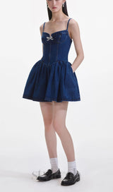 Denim Diamante Bow Sweetheart Mini Dress