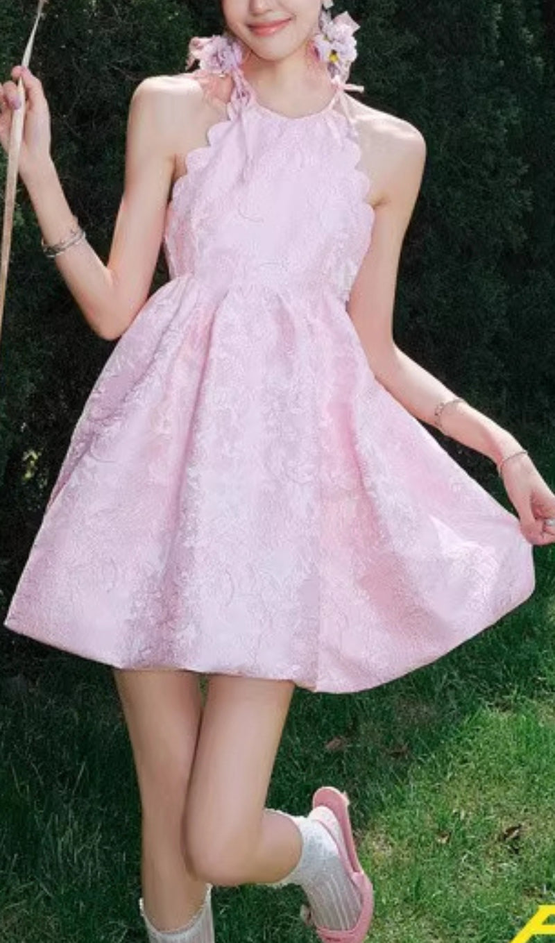 PINK BEADED JACQUARD SLEEVELESS MINI DRESS