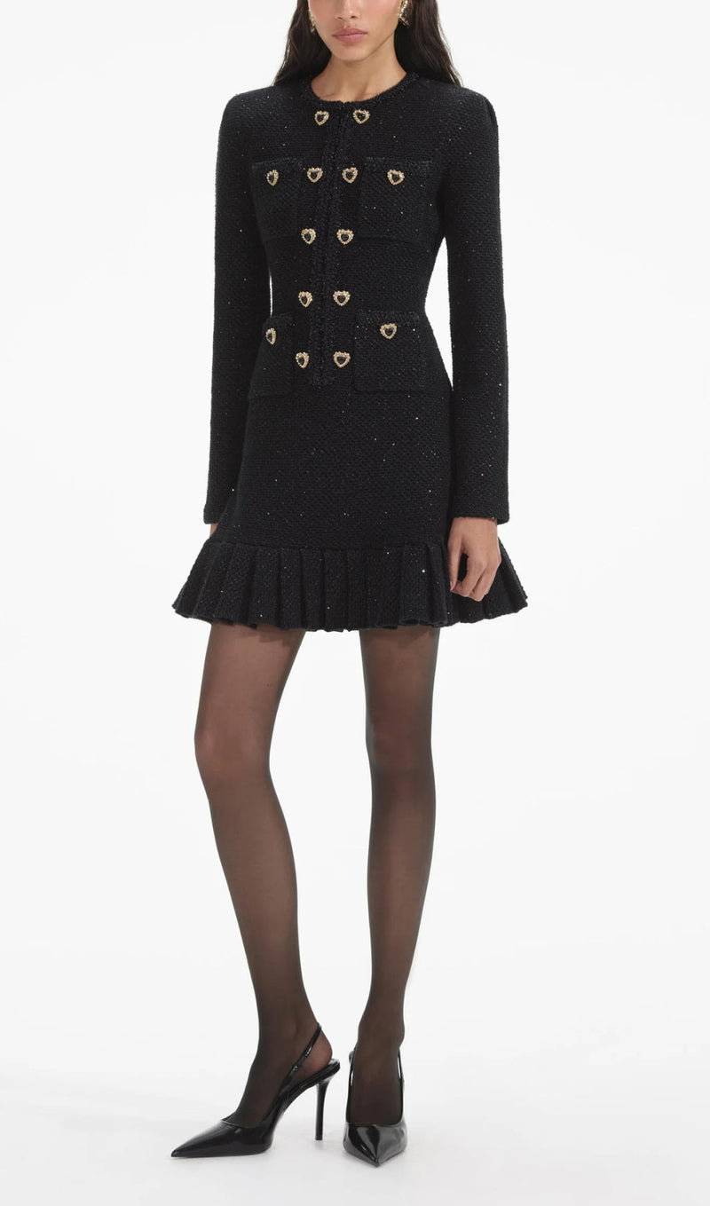 BLACK BUTTONED LONG SLEEVE KNIT MINI DRESS