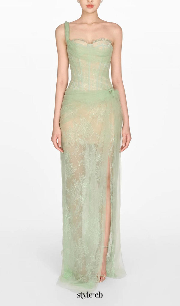 ONE SHOULDER MESH RUCHED MIDI DRESS IN GREEN