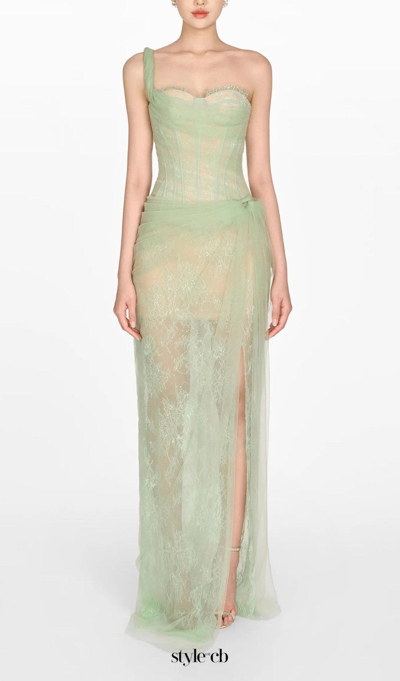 ONE SHOULDER MESH RUCHED MIDI DRESS IN GREEN