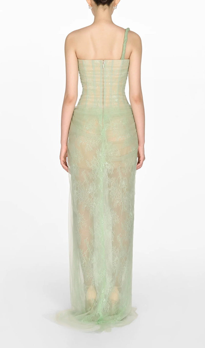 ONE SHOULDER MESH RUCHED MIDI DRESS IN GREEN