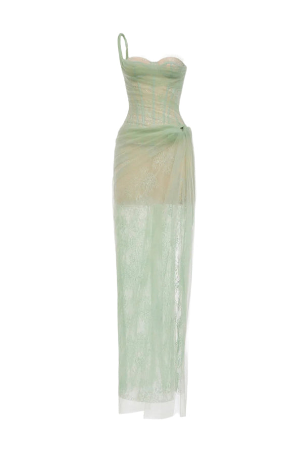 ONE SHOULDER MESH RUCHED MIDI DRESS IN GREEN