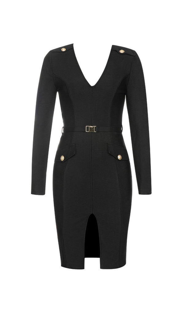 BLACK LONG SLEEVE METAL BUTTONS BANDAGE DRESS