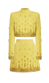 YELLOW HEAVY INDUSTRY CRYSTAL BEADS SET SEXY SHORT TOP & DRESS