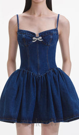 Denim Diamante Bow Sweetheart Mini Dress