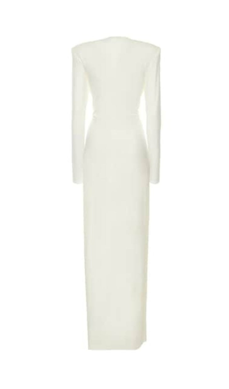 WHITE PLUNGE-NECK DRAPED GOWN
