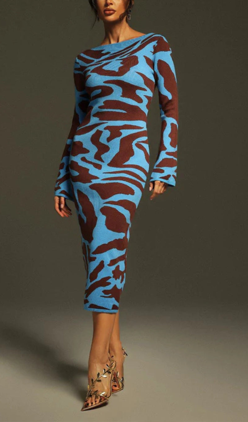 TAYSIA LONG SLEEVE LEOPARD KNITTED MIDI DRESS