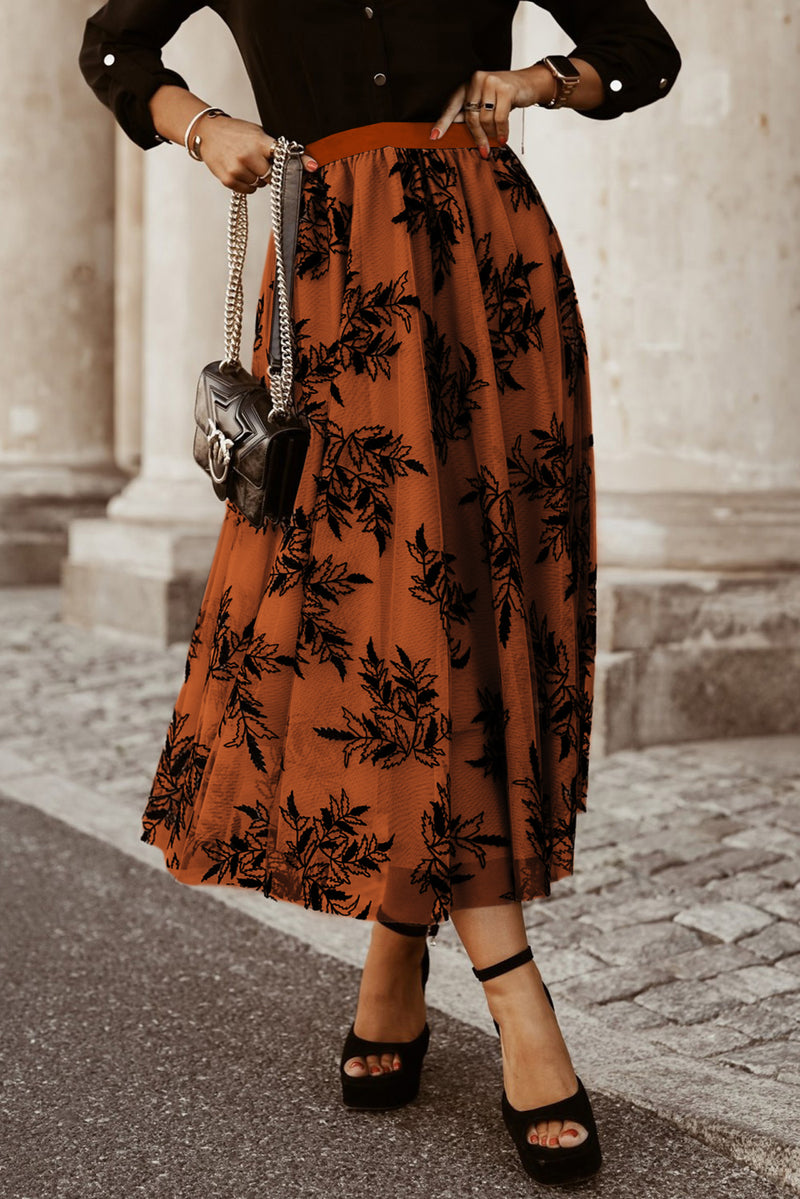 Apricot Floral Leaves Embroidered High Waist Maxi Skirt