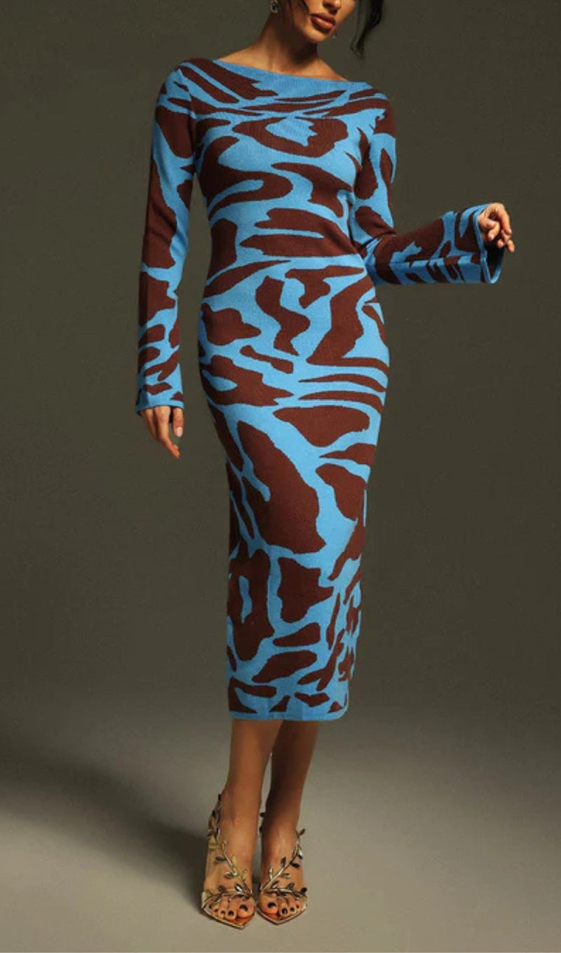 TAYSIA LONG SLEEVE LEOPARD KNITTED MIDI DRESS