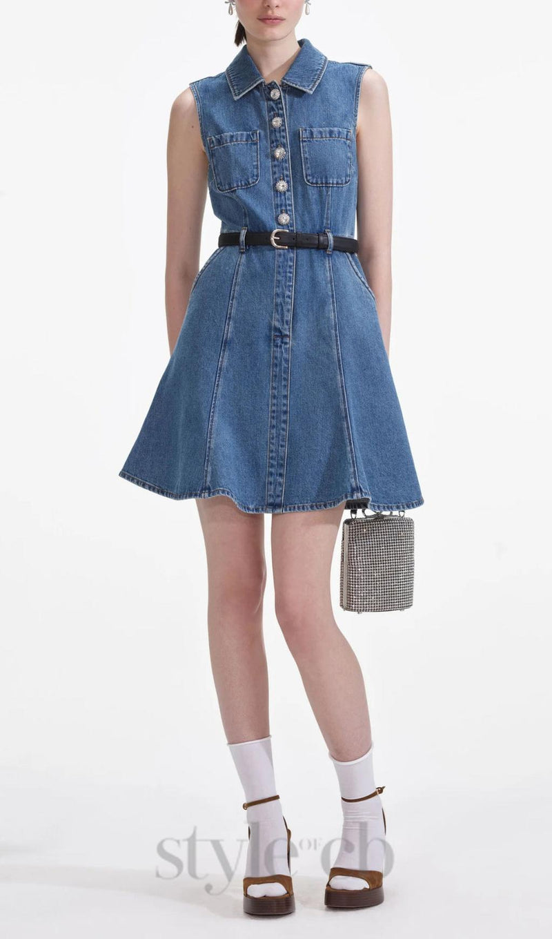 Denim Sleeveless Pearl Mini Dress